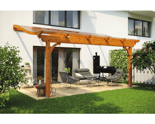 Toiture pour terrasses Skanholz Verona 541 x 339 cm, chêne clair Terrasse en bois avec meubles et barbecue dans le jardin