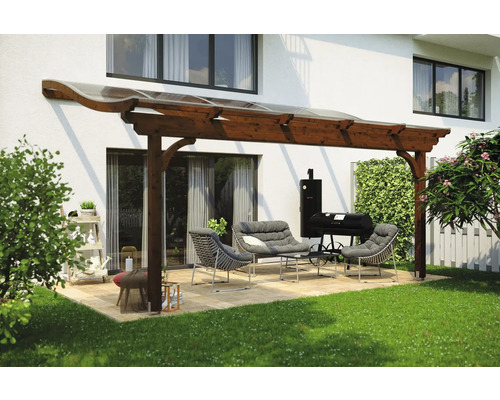 Toiture pour terrasses Skanholz Verona 541 x 339 cm, noyer Terrasse avec auvent en bois, mobilier de jardin et barbecue
