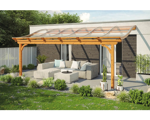 Toiture pour terrasses Skanholz Verona 648 x 389 cm, chêne clair Pergola en bois avec toit en polycarbonate et coin salon dans le jardin