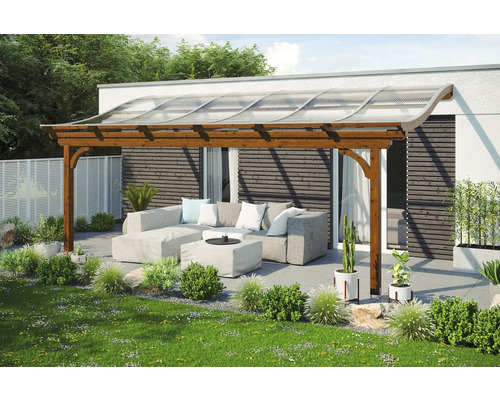 Toiture pour terrasses Skanholz Verona 541 x 289 cm, noyer Pergola de terrasse en bois avec toit transparent et coin salon dans le jardin
