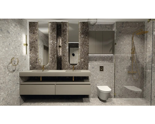 Modernes Badezimmer mit Waschtisch, Spiegeln, Dusche und Toilette vor grauem Hintergrund