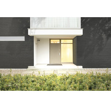 Fassade eines Hauses mit dunklen Ziegeln und einer Haustür
