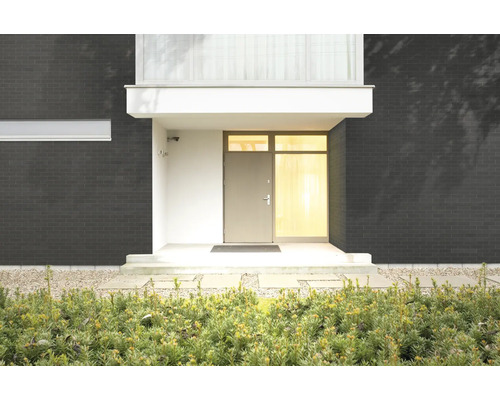 Fassade eines Hauses mit dunklen Ziegeln und einer Haustür