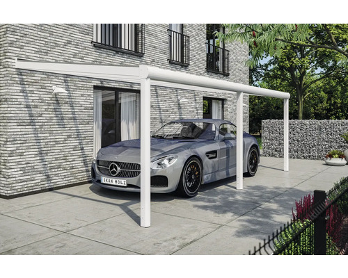 Abri de voiture moderne en aluminium avec une voiture garée