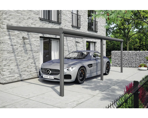 Carport moderne en aluminium avec voiture devant