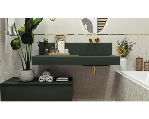 Salle de bain avec lavabo, meuble sous-lavabo, miroir et plantes