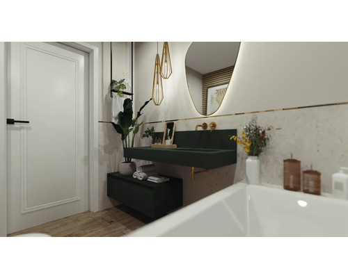 Salle de bains moderne avec meuble-lavabo vert, miroir et plantes