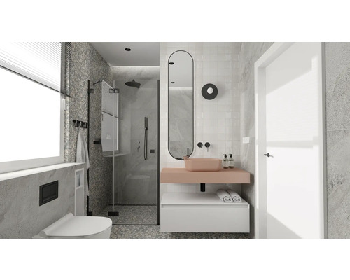 Salle de bain avec douche, lavabo, miroir et toilettes dans un design lumineux.