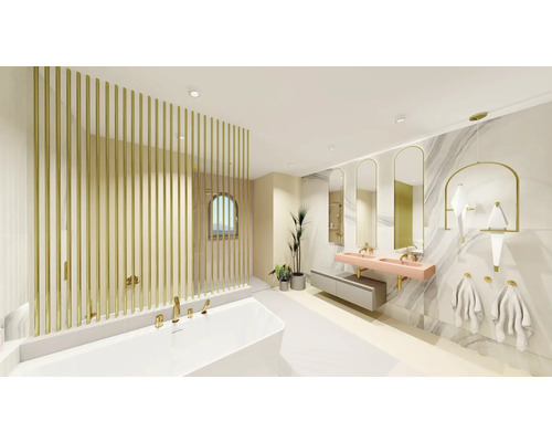 Helles Badezimmer mit Badewanne, Waschtisch, Spiegeln und goldenen Akzenten