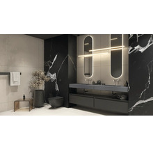 Salle de bains avec double vasque, miroirs, toilettes et porte-serviettes