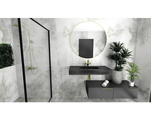 Badezimmer mit Dusche, Waschtisch, Spiegel und Pflanzen