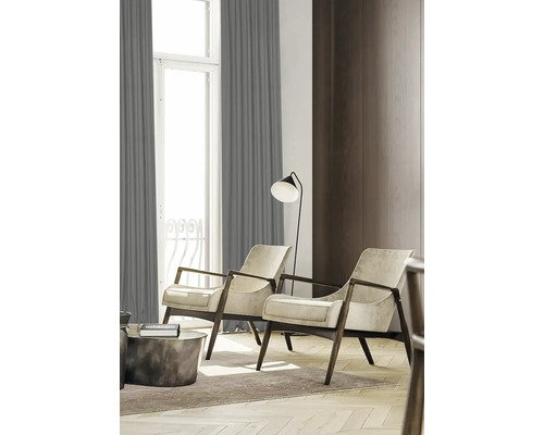 Wohnzimmer mit zwei Sesseln, Stehlampe und Vorhängen.