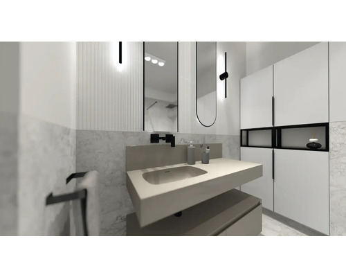 Badezimmer mit Waschbecken, Spiegel und Stauraum