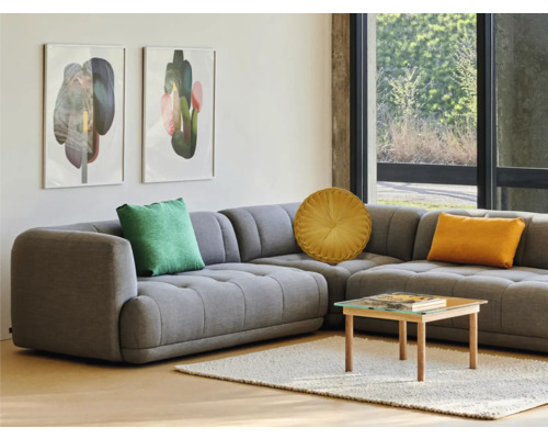 Canapé d''angle gris avec coussins, table basse et décoration murale dans un salon lumineux.