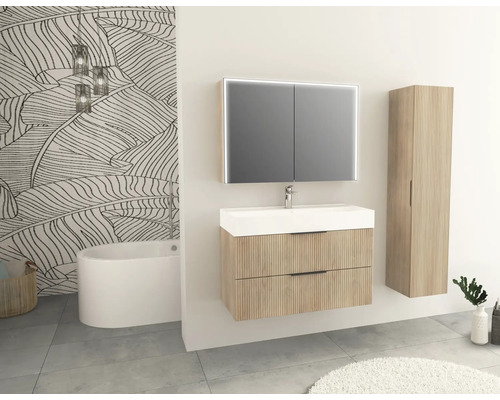 Salle de bains avec meuble sous-lavabo, armoire de toilette, armoire haute et baignoire.