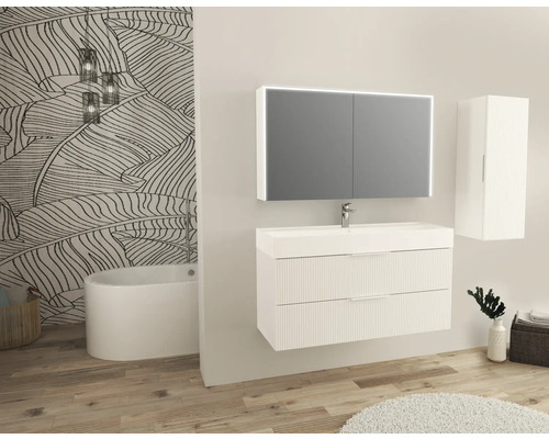 Salle de bains moderne avec meuble sous-lavabo, armoire de toilette et armoire haute