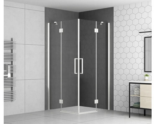 Accès d'angle avec porte pivotante avec partie fixe form&style BALLINO 90 x 90 cm couleur du profilé blanc décor de vitre verre transparent avec verre antitache butée de porte à gauche butée de porte à droite