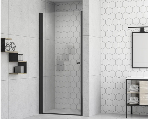 Porte de douche dans niche avec porte pivotante form&style MODENA 100 cm couleur du profilé noir décor de vitre verre transparent avec verre antitache