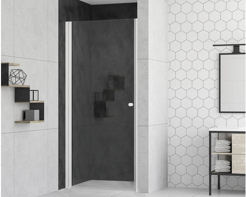 Porte de douche dans niche avec porte pivotante form&style MODENA 80 cm couleur du profilé blanc décor de vitre verre transparent avec verre antitache