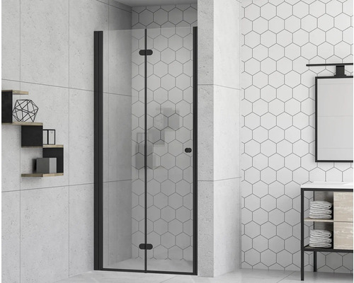 Porte de douche dans niche avec porte pivotante pliante form&style MODENA 90 cm couleur du profilé noir décor de vitre verre transparent avec verre antitache