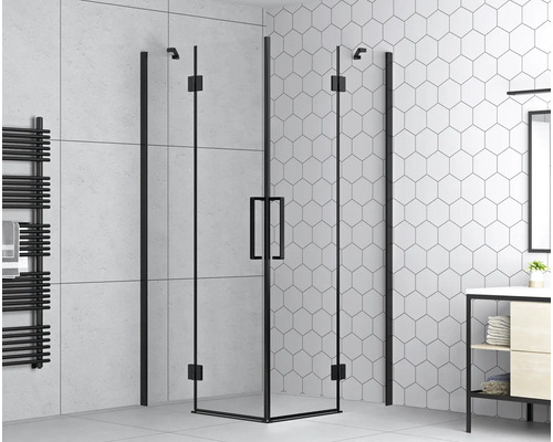 Accès d'angle avec porte pivotante avec partie fixe form&style BALLINO 90 x 90 cm couleur du profilé noir décor de vitre verre transparent avec verre antitache butée de porte à gauche butée de porte à droite