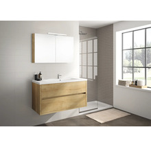 Salle de bains lumineuse avec meuble sous-lavabo, armoire de toilette et douche