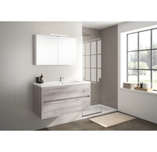 Salle de bain moderne avec meuble sous-lavabo, armoire de toilette et douche