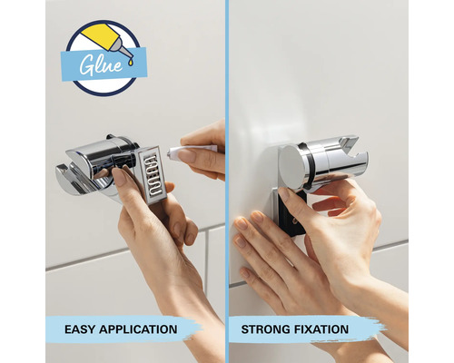 Duschkopfhalterung wird mit Kleber an der Wand befestigt