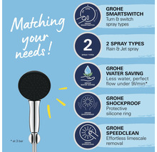 Grohe Handbrause mit Smartswitch Funktion zur Strahlartenumstellung, zwei Strahlarten, Wassersparfunktion, Stoßschutz und Speedclean Antikalkfunktion