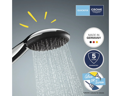 Brausekopf mit Wasserstrahl, Grohe Quickfix Logo, Grohe Logo, Hergestellt in Deutschland Siegel, 5 Jahre Garantie Siegel, Kleben oder Schrauben Symbol