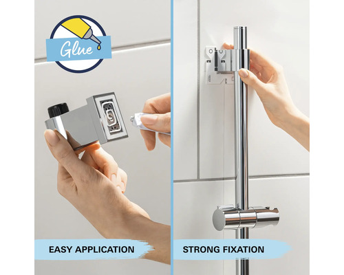 Bilderreihe zur einfachen Montage und starken Fixierung einer Duschstange im Badezimmer.