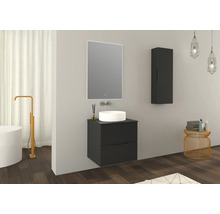 Badezimmer mit Waschtischunterschrank, Aufsatzwaschbecken, Spiegelschrank und Hochschrank