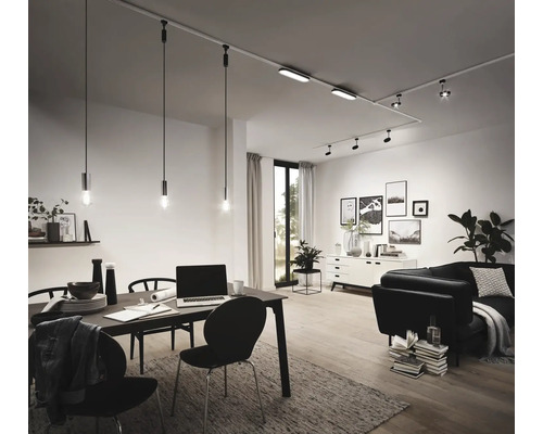 Salon avec table à manger, canapé et système de rails avec spots et suspensions