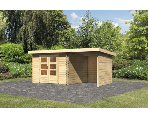 Chalet de jardin en madriers Karibu Noorvik 5 avec toit en appentis 2 m, panneau arrière et paroi latérale 514,5 x 333 cm naturel