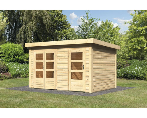 Gartenhaus aus Holz mit Doppeltür und Fenstern im Garten