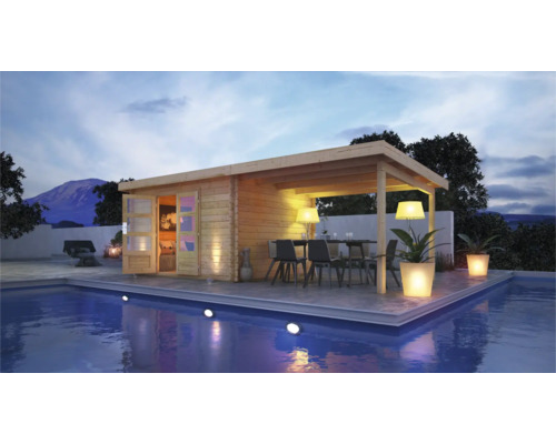 Chalet de jardin en madriers Karibu Noorvik 7 avec toit en appentis 4 m 774 x 333 cm naturel