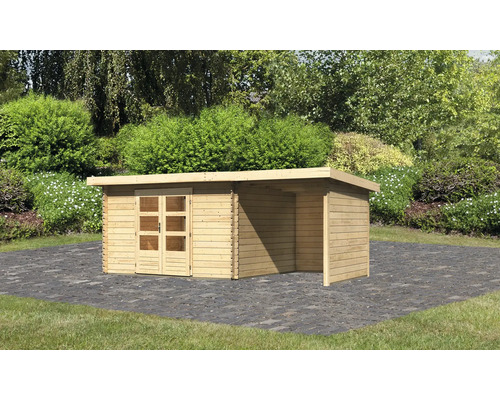 Chalet de jardin en madriers Karibu Noorvik 7 avec toit en appentis 2 m, panneau arrière et paroi latérale 574,5 x 333 cm naturel