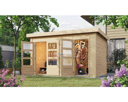 Abri de jardin Karibu Graubünden 1 avec espace outils 398 x 273 cm naturel Abri de jardin en bois avec double porte et fenêtres pour ranger des vélos et des équipements de sport