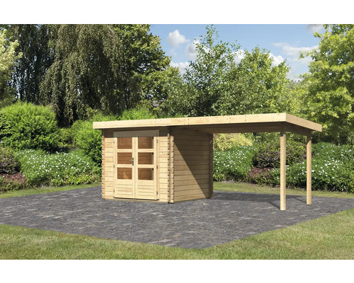 Chalet de jardin en madriers Karibu Noorvik 2 ave toit en appentis 3 m 519x237 cm naturel