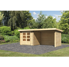 Blockbohlenhaus Karibu Noorvik 2 mit Schleppdach 3 m Rück- und Seitenwand 554 x 273 cm natur