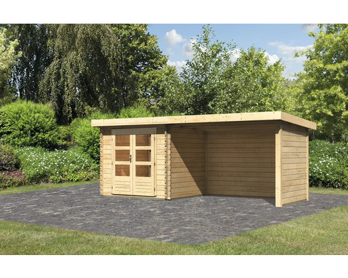 Chalet de jardin en madriers Karibu Noorvik 2 avec toit en appentis 3 m, panneau arrière et paroi latérale 554 x 273 cm naturel