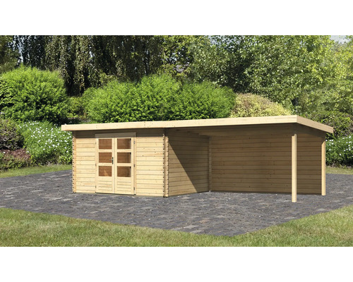 Abri de jardin Karibu Noorvik 7 avec extension de toit de 4 m, panneau arrière 739 x 297 cm naturel