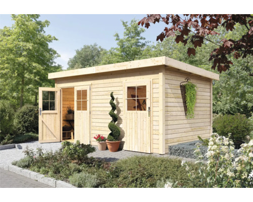 Remise à outils Karibu Krähenau 2 456 x 303 cm naturel Abri de jardin en bois avec deux portes et plantes