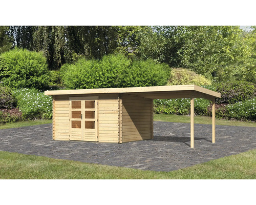 Chalet de jardin en madriers Karibu Noorvik 7 avec toit en appentis 3 m 674 x 333 cm naturel