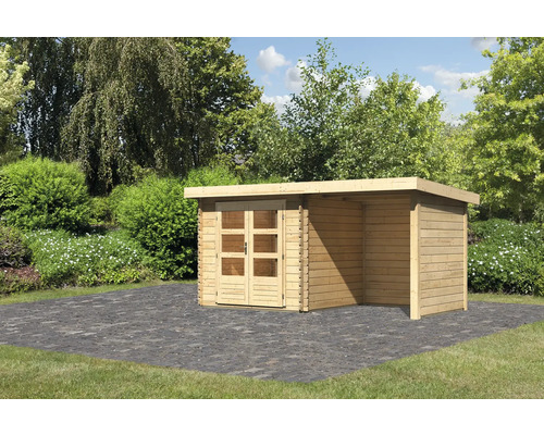 Chalet de jardin en madriers Karibu Noorvik 2 avec toit en appentis 2 m, panneau arrière et paroi latérale 419 x 237 cm naturel