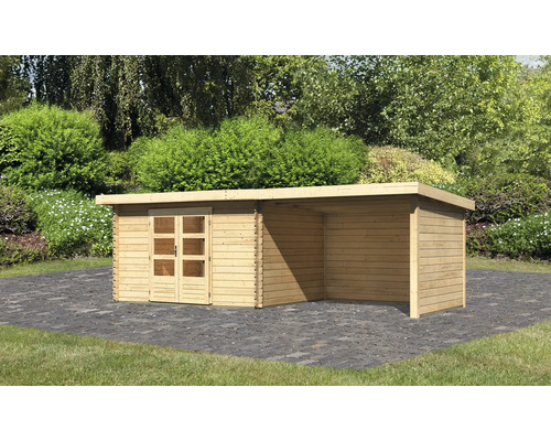 Chalet de jardin en madriers Karibu Noorvik 7 avec toit en appentis 3 m, panneau arrière et paroi latérale 639 x 297 cm naturel