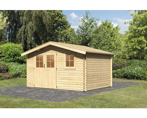 Abri de jardin en bois avec porte et fenêtres dans le jardin