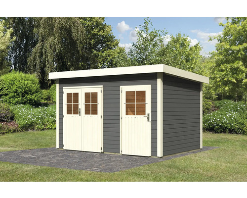 Holzgartenhaus mit Doppeltür und Einzeltür im Garten