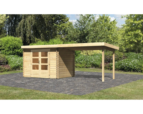 Chalet de jardin en madriers Karibu Noorvik 3 ave toit en appentis 3 m 579x237 cm naturel