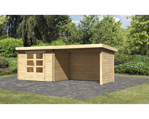 Chalet de jardin en madriers Karibu Noorvik 3 avec toit en appentis 3 m, panneau arrière et paroi latérale 614 x 273 cm naturel